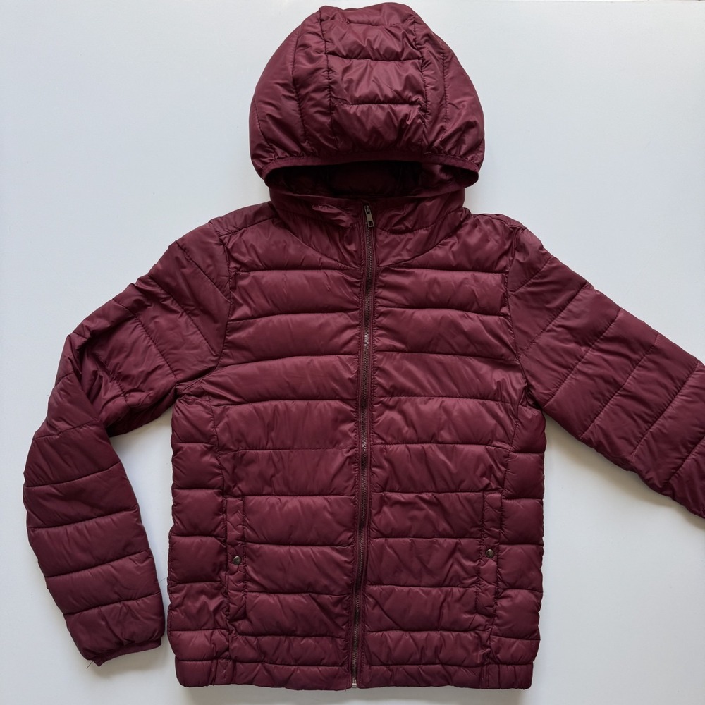 PULL & BEAR Hooded Puffer Full Zip Jacket Womens Small Maroon Puffy Insulatedโ